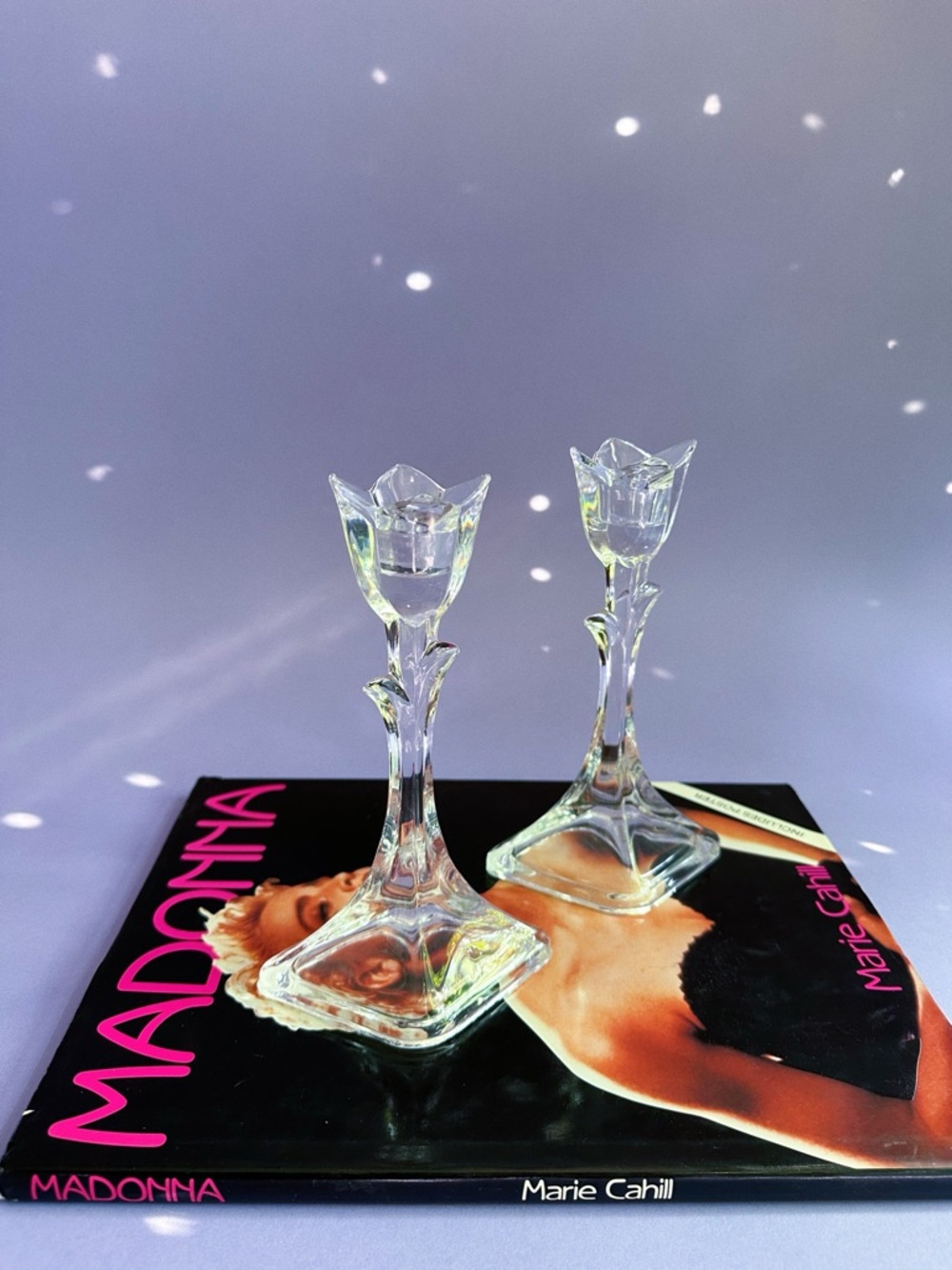 Vintage Clear Crystal Glass Tulip Candlestick Pair - Picture 2 of 7